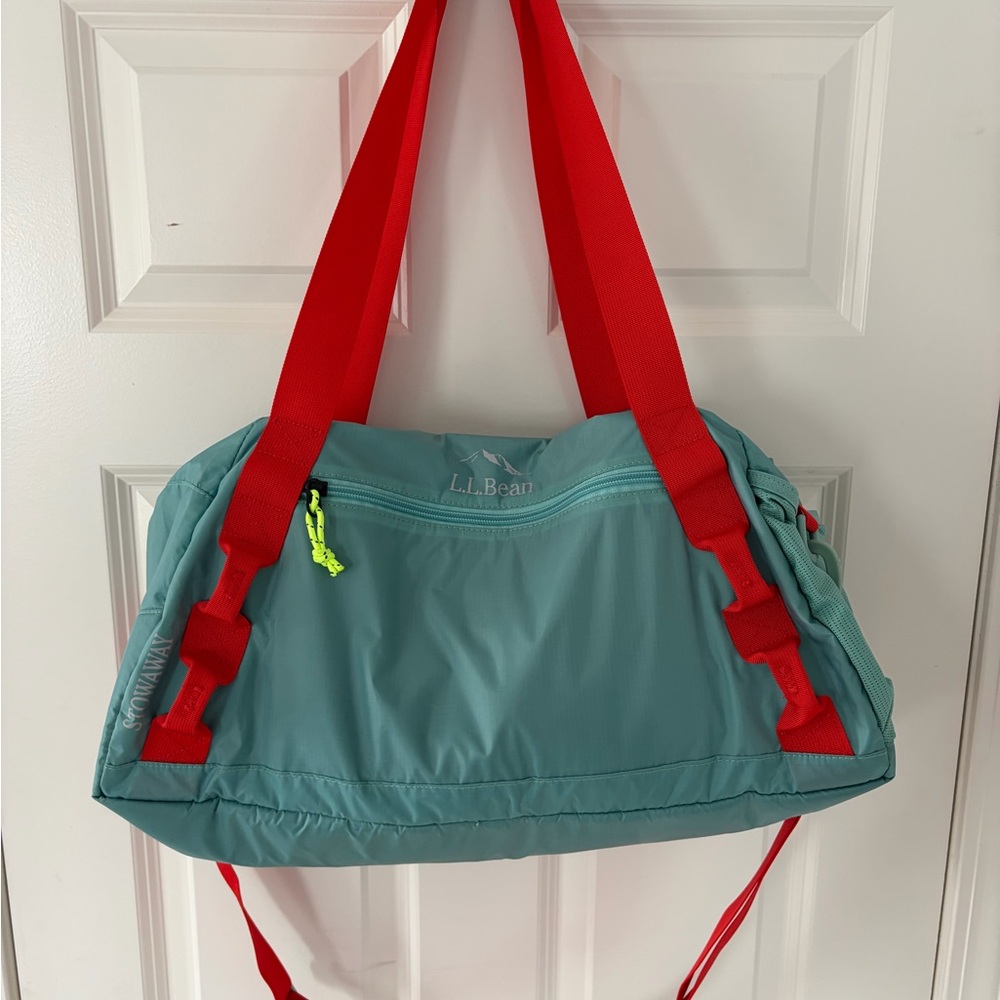 L.L. Bean Duffel Bag Aqua with Bold Red Handles